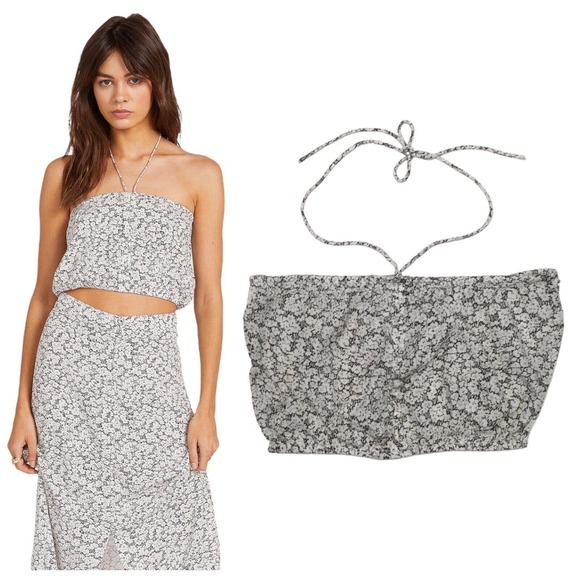 New Volcom Floral Bae Bae Doll Tube Top Halter Cropped Faux Button Black White S - Picture 1 of 15
